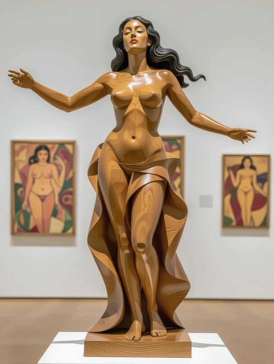 A wooden sculpture of a woman stands gracefully in front of vibrant artwork. The figure is asymmetrical and embraces the natural forms of wood. The setting is a museum featuring art on the walls. Soft light highlights the sculpture's curves.