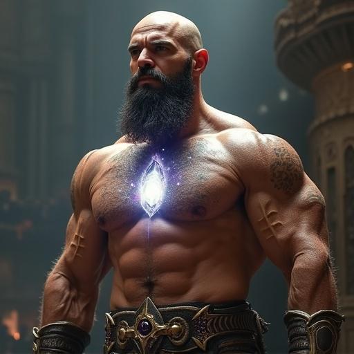 Dwarven barbarian character inspired by a muscular man portrays celebration after a gladiator match holding a crystal gem glowing in chest with silver veins on skin