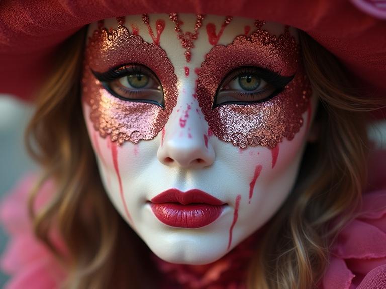 Photorealistic closeup portrait of a woman with a richly decorated Venetian mask. The mask features red and gold elements. The makeup has a whimsical and detailed appearance with a hint of mystery. The carnival setting evokes intrigue and beauty.