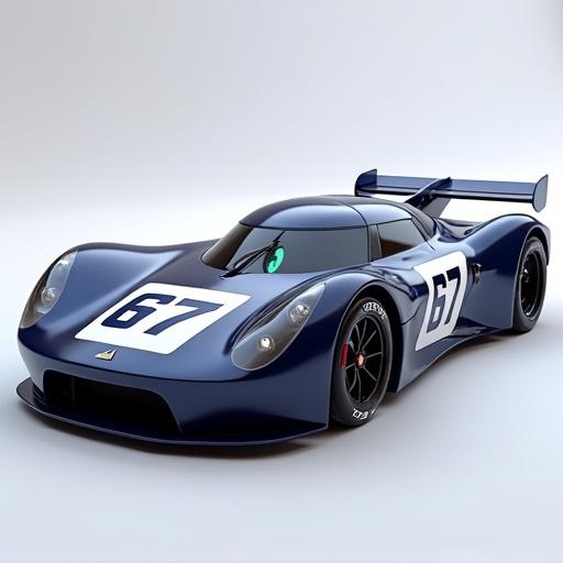 Design a deep navy blue racing car with low-slung body. The car has fenders and a tapered tail. Front features trapezoidal LED headlights and matching grille. Bonnet slopes downward. Car has super-thin racing tyres with white logotypes. Rims have 6 spokes and red brakes. Number 67 appears on sides. Windshield is low and contains animated green eyes. Rear has a wide wing with oversized logo.