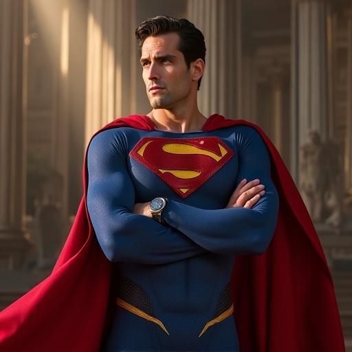 Male figure dressed as superhero in blue costume with red cape striking a heroic pose