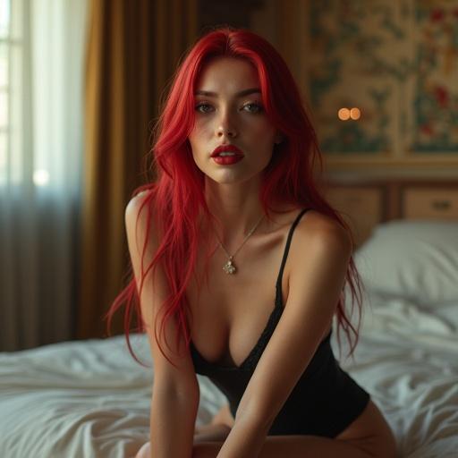 Cinematic masterpiece featuring a beautiful woman with jade eyes and red lips. Long red hair frames a pale face. Dressed in a sensual futuristic outfit. Sitting on a bed in a stylish bedroom. Professional cinematic perspective.