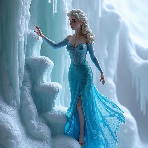 Hyper-detailed resin figure of an animated character inspired by a winter theme climbing icy stairs. Character has a shimmering gown and a confident expression.