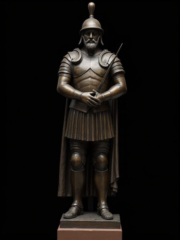 Bronze statue of a Carthaginian soldier. Soldier has arms crossed. Full suit of armor with helmet, tunic, and cape. Sword in right hand, shield in left hand. Highly detailed and lifelike statue. Black background for contrast.