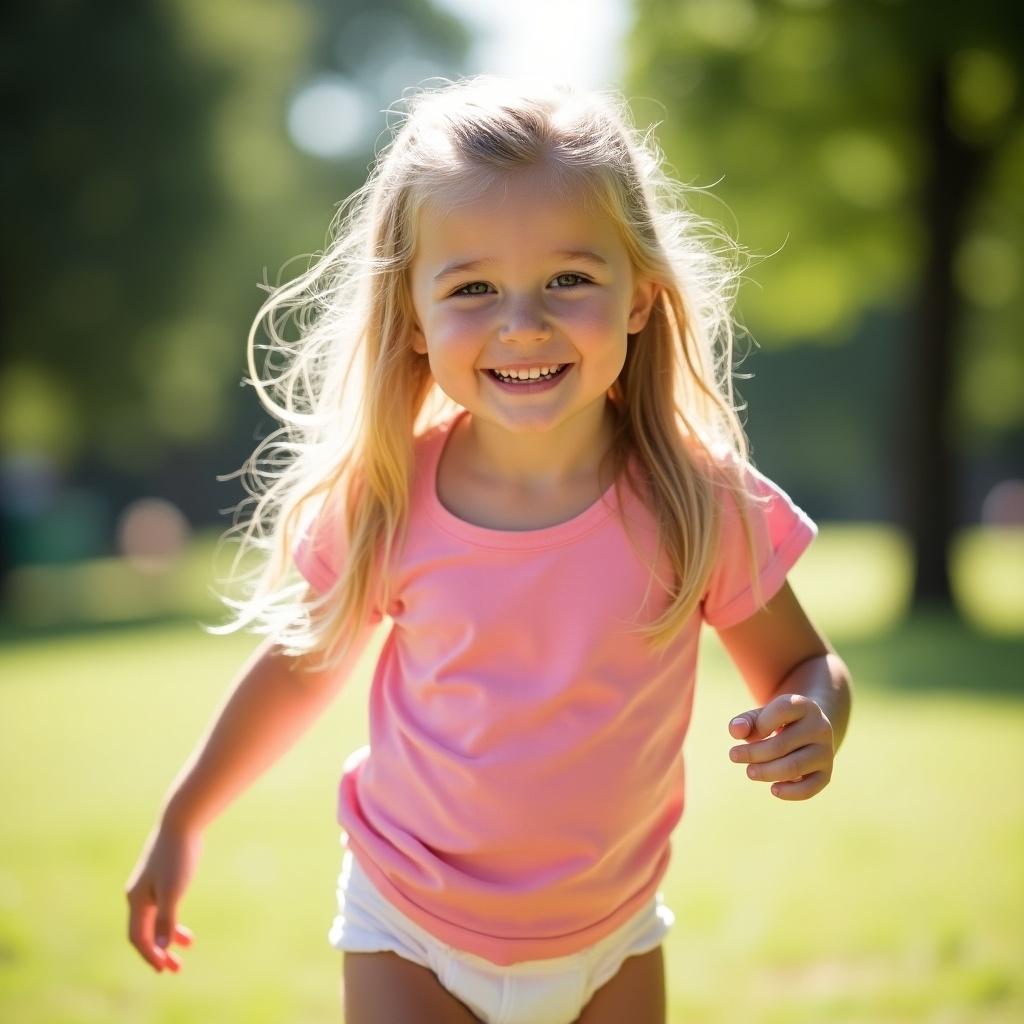 Four year old girl with long blonde hair wearing a pink t-shirt and diaper. The girl runs outdoors smiling. She plays in the grass during daytime. Bright sunlight illuminates the scene. The focus is on a joyful and carefree moment.