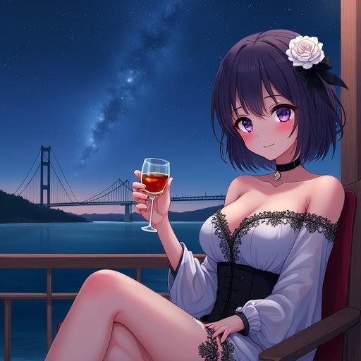 Beautiful anime-style woman on seaside hotel lounge veranda at night. She holds a glass of amber liquor. Elegant off-shoulder dress with lace. Dark violet hair with white rose. Illuminated Akashi Kaikyō Bridge in background. Stunning night sky with Milky Way visible.