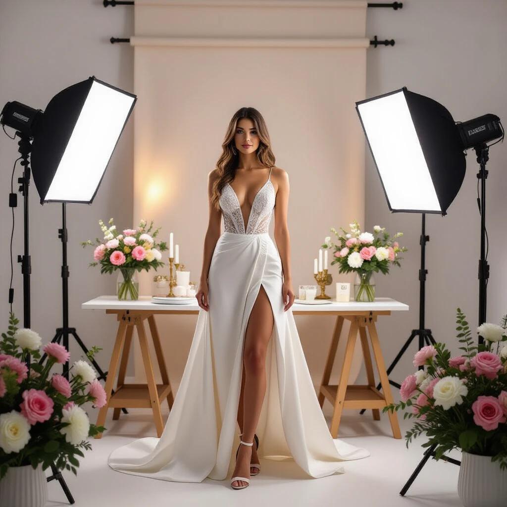A photo studio designed for fashion shoots with a model trying on a wedding dress. Room features elegant lighting, a decorated table with flowers, and a sophisticated atmosphere suitable for bridal wear.