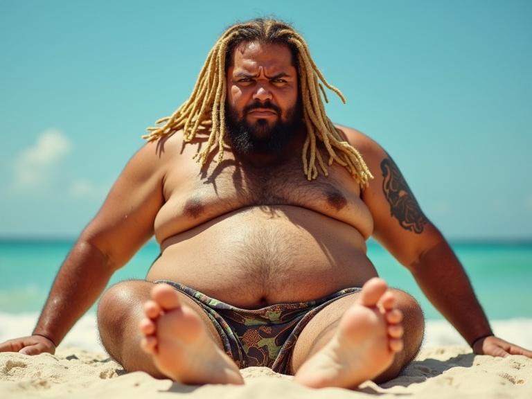 A young male with blonde dreadlocks has an obese belly. Sunbathing on the beach sand with bare feet soles facing the camera.