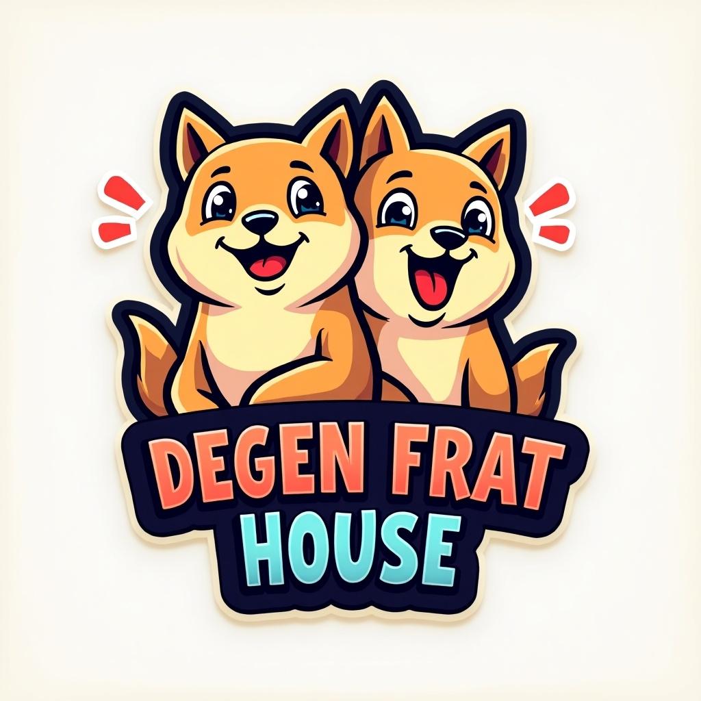 Logo design featuring two cartoon dogs inspired by Doge and Pepe holding smiles with the text Degen Frat House. Bright colors with a playful cartoonish style.