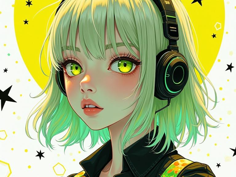 Bright surrealism art featuring a close portrait of a young female in a bright white space. Background filled with black fine points resembling stars and a black and yellow sun. Vivid green and yellow eyes, wearing headphones, dressed in a black and white loose shirt. Hair is shoulder length with green and yellow stripes and silver tips. Pale skin with patches of green and yellow stained glass resembling blades. Incorporates crystals, bold colors, gradients, and neon yellow hexagons.