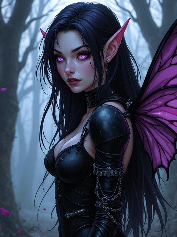 Digital art of a shadow fey rogue in a dark enchanted forest. Character features pale gray-violet skin with raven-black hair. She wears black leather armor with throwing knives and vials. Wings are moth-like translucent with dark cracks. She has a striking posture in a dynamic action pose. The background resembles ancient parchment.