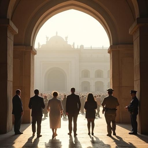 Scene on a bright day showing a group entering a hall through an open arched gate. Includes various professions like businessman doctor engineer teacher programmer policeman and soldier. The scene is lively with an event in progress.