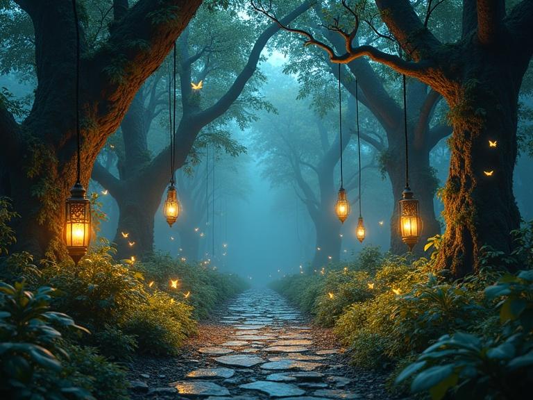 Hyperrealistic enchanted forest at dusk features vibrant vegetation with glowing moss ancient trees and floating leaves. Central circular clearing reserved for person surrounded by luminescent stone path with antique lanterns hanging from branches. Contains fantastic creatures like a starry fox bioluminescent butterflies and a crystal-eyed owl. Ethereal blue and gold lights filtering through foliage. Light haze and soft magical particle flickers with depth of field and natural blur.