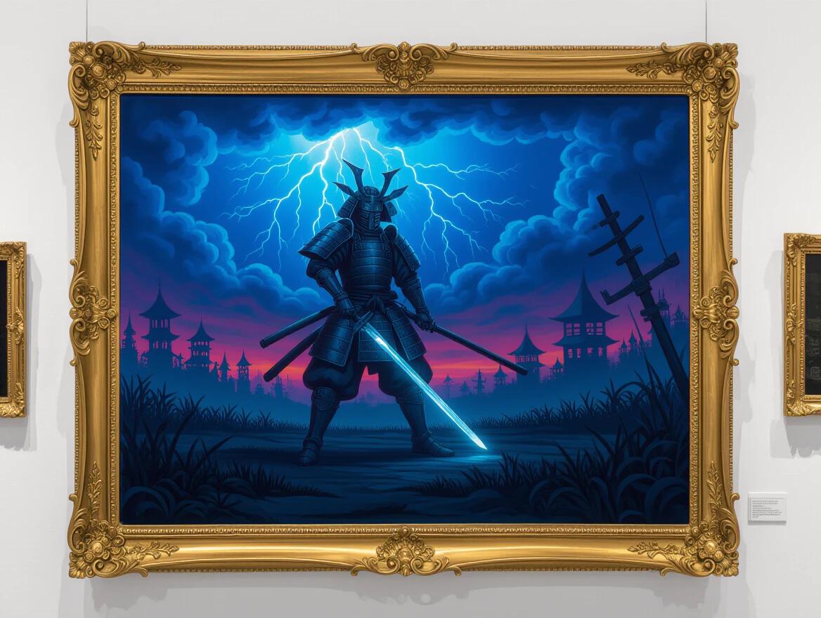 A masterpiece of sculptural painting executed in extreme impasto technique in dark fantasy style. Central mythical landscape where ancient torii glow neon under stormy sky. Confrontation of two entities. One is a cybernetic samurai or mecha-Oni with a fluid, metallic form made of coarse matte paint. Another is a glowing spirit kami, sculpted from liquid holographic chrome in bright Y2K aesthetic. A blend of brutal, physical texture and weightless digital light. Scene filled with dynamic energy of impact, paint splashes, and holographic particles.