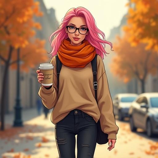 young woman with pink hair holding a disposable coffee cup wearing skinny black jeans black lace boots oversized beige pullover big orange scarf walking in an autumn street during daylight