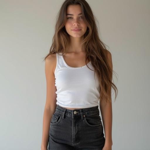 A young woman wearing a tight white tank top and black high-waisted jeans. She has long hair and smiles confidently while looking directly at the camera. The outfit appears casual yet stylish, highlighting her youthful energy.
