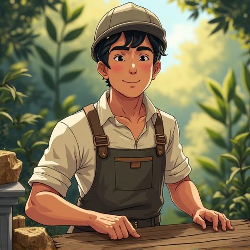Illustrate a happy man working hard, Ghibli style. He has a cheerful expression. He wears overalls and a cap. The background is lush with greenery. The scene captures the joy of work.