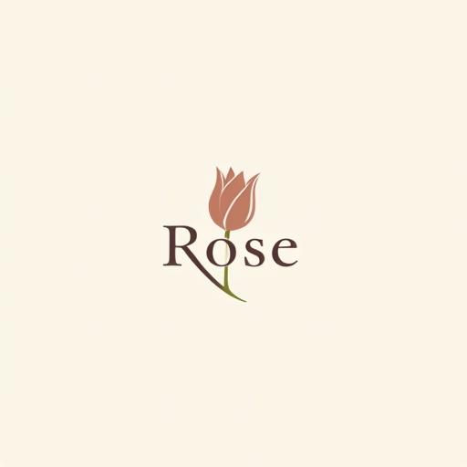 Logo design with the word Rose using elegant serif font. The two o's create a tulip bud with warm clay and blush pink colors. A single slender dark green leaf extends from the R. Background is light cream. Design reflects natural beauty and sophistication.