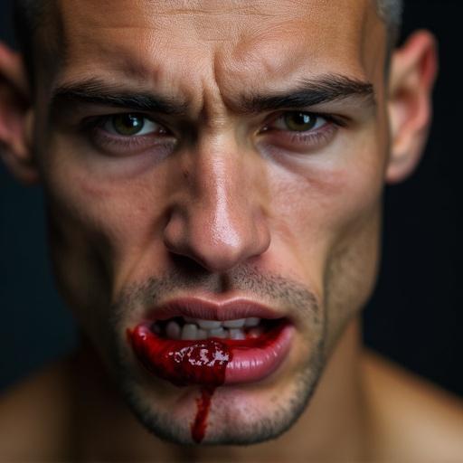 Closeup of mixed martial arts fighter showcasing rebellious nature with blood on lips and nose. Emotionless expression and buzz cut hairstyle.
