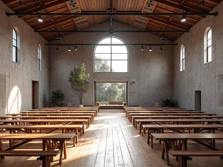 Design a modern flexible multipurpose hall for events. Maximize natural light with big windows. Include a stage with lighting and sound systems. Use exposed concrete walls and wooden flooring. Incorporate adaptable furniture for various seating arrangements. Prioritize sustainability in materials. The hall accommodates up to 300 guests.