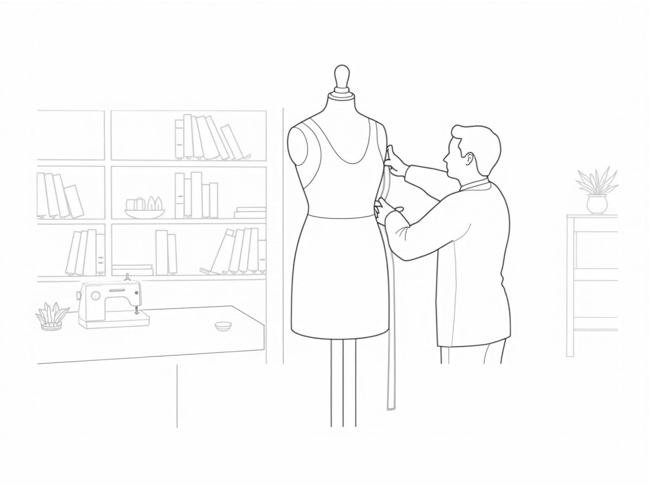 Create an outline drawing suitable for coloring. The scene features a person measuring a dress form with a tape measure. There is a bookshelf in the background filled with books and rolls of fabric. Include a sewing machine on a table with some sewing supplies beside it. A small plant is placed on a shelf to add a touch of greenery. Ensure the outlines are clear and bold for easy coloring.