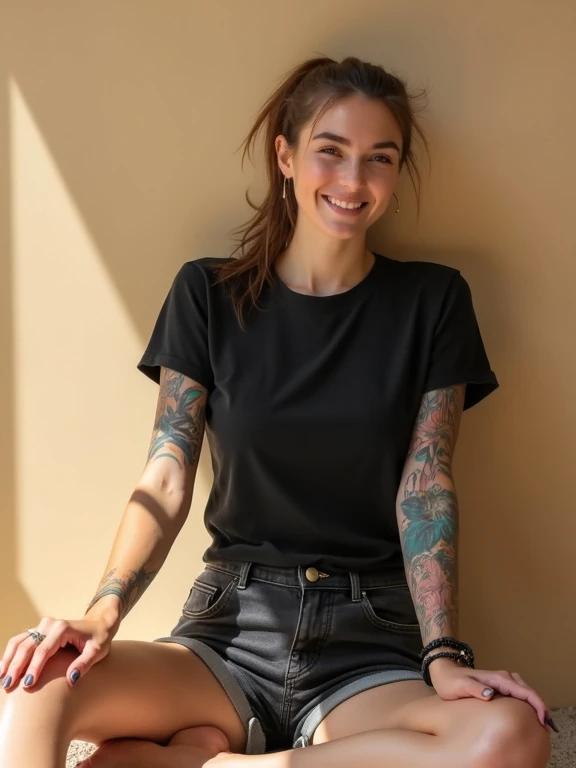 Stylish woman in a black T-shirt with no print. Tight charcoal colored denim shorts. Sitting on the floor with legs stretched forwards. Leaning back against a sand colored wall. Natural makeup and wrist bracelets adorn her arms. Soft sunlight illuminates the room. Colorful tattoos cover one arm.