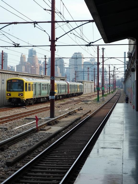 Photograph of a train station during the day with overcast light. A yellow and green train appears in the background. Multiple train tracks and metal overhead wires are visible. Red and brown utility poles and graffiti on the wall add to the urban setting. The image captures the platform on the right, with reflections on the wet ground. The perspective looks down the curving tracks towards a modern cityscape with buildings in the distance.
