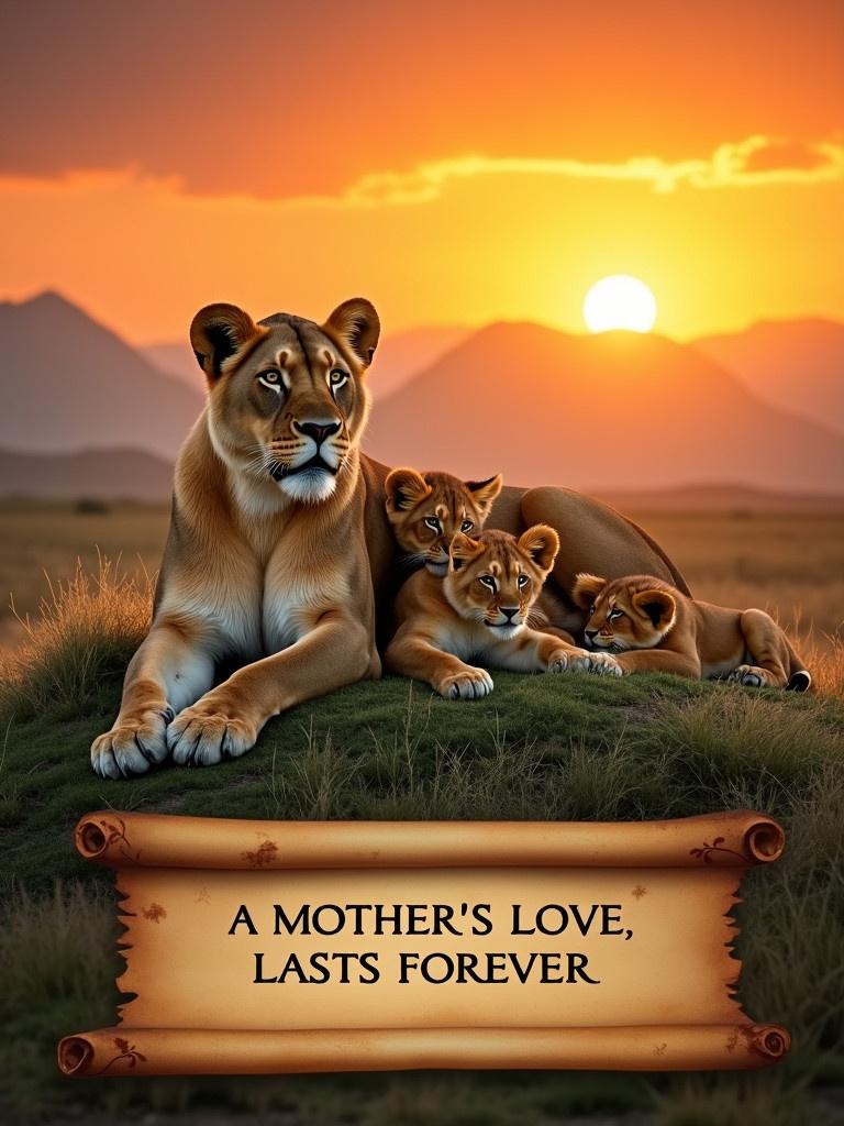 A lion and its two cubs are laid on a scroll. The scroll displays 'A MOTHER'S LOVE LAST FOREVER.' A sunset casts warm tones over a mountainous background filled with flowers.