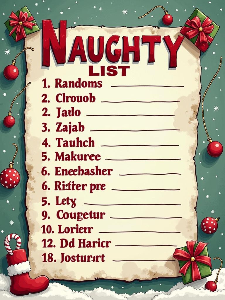 A colorful illustration features an official Naughty list. The list includes several names. The design is joyful and festive, suitable for the holiday season.