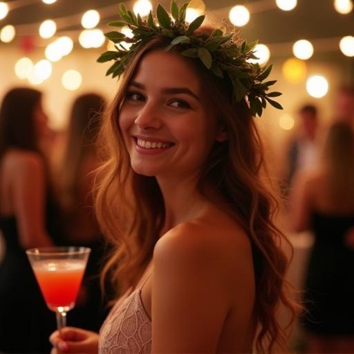 Photographic image of a graduation party at night in an elegant space. The birthday girl is in the foreground with a laurel wreath. She smiles joyfully. Guests dance and enjoy cocktails. The setting has a festive vibe with warm lighting.