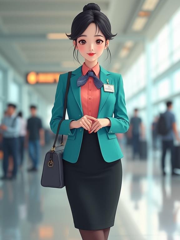 Illustration of a female airport ground staff uniform concept. She appears to be in her late 20s, features inspired by East Asian cultures. Wearing a coral-pink blouse with a mandarin collar and a turquoise blazer. Black pencil skirt and black low-heel pumps. Hair styled in a neat bun with light makeup and a friendly smile. Accessories include a name tag, black lanyard, dark-blue-gingham scarf, and a dark-grey satchel. Set in an airport terminal with bright lighting.
