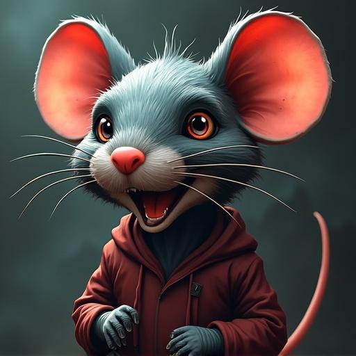 Cartoon character depicting a rat with large ears and a smiling face. The rat wears a red jacket, expressing excitement and personality. Heavy metal theme influences the design.