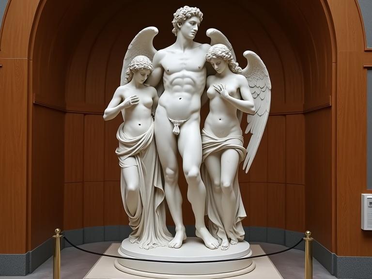Photograph of a classical marble statue in neoclassical style depicting three figures. Central male figure displaying muscular physique, holding broken chain, flanked by two female figures. One with flowing hair and wings, standing behind; the other bent forward with head down. Intricate drapery carved from white marble on circular base. Background features warm brown curved wooden panels, rope barrier in front, situated in a museum. Natural light creates soft shadows on sculpture, high detail and realistic portrayal, emphasizing elegance and grace.