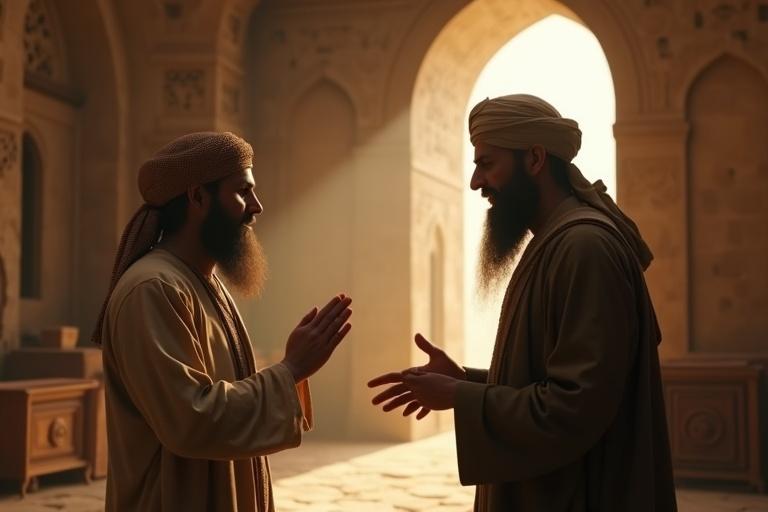 A close-up view of an ancient Islamic courtroom scene. Wise Qazi with a long beard and turban speaks gently to Hazrat Ali. Hazrat Ali stands calmly with open hands, wearing traditional robes. Soft golden light fills the atmosphere. Stone walls have Arabic calligraphy and wooden furniture. The mood is intense yet peaceful, showcasing dignity and justice.