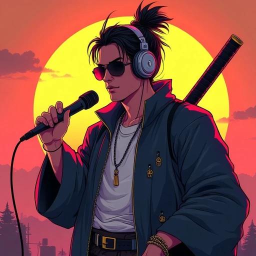Samurai character wears modern streetwear accessories. Katana rests on back. Headphones rest on head. One hand holds a vinyl record. Another hand holds a microphone. Glowing sunset creates a dramatic backdrop. Style blends anime and cartoon aesthetics.