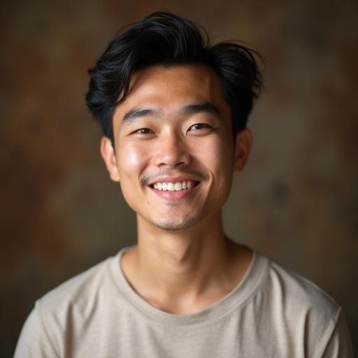 Portrait of a 26-year-old Asian man with a friendly smile. Clean-shaven and neat hairstyle. Wearing a neutral shirt. Soft natural lighting. Dreamy textured background in muted earth tones.