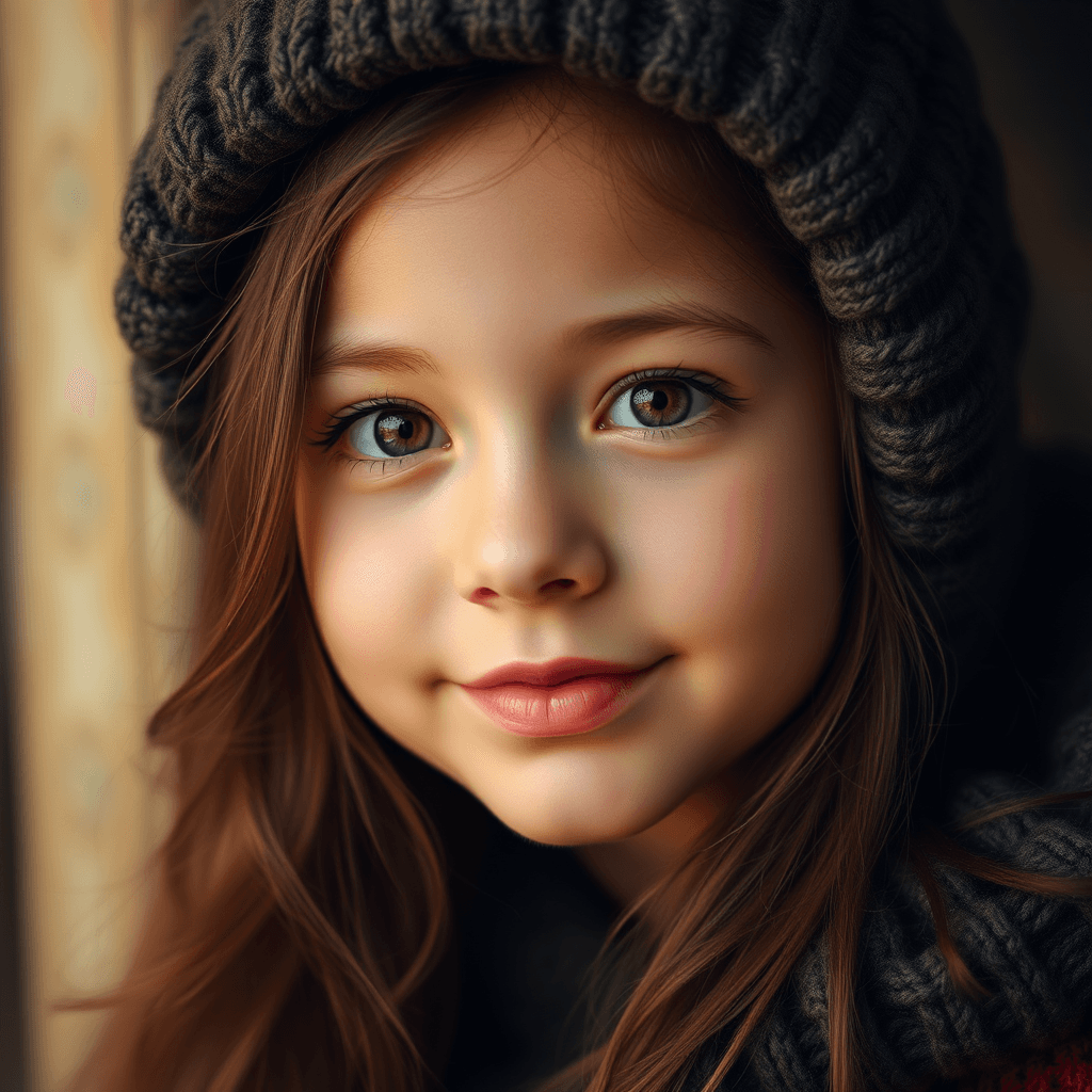 The image features a young girl with bright eyes and a gentle smile, wearing a cozy knitted hat, exuding warmth and charm.