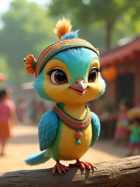 A cute baby torogoz bird in 3D. Features soft blue and green feathers. Tiny curved beak and big shiny eyes. Baby is smiling and standing on a branch. Wears traditional Salvadoran headband with bright patterns. Also wears a miniature huipil top. Background shows a colorful village market and trees. People in traditional clothes appear at a distance. Cheerful tropical vibe with Pixar-style charm.