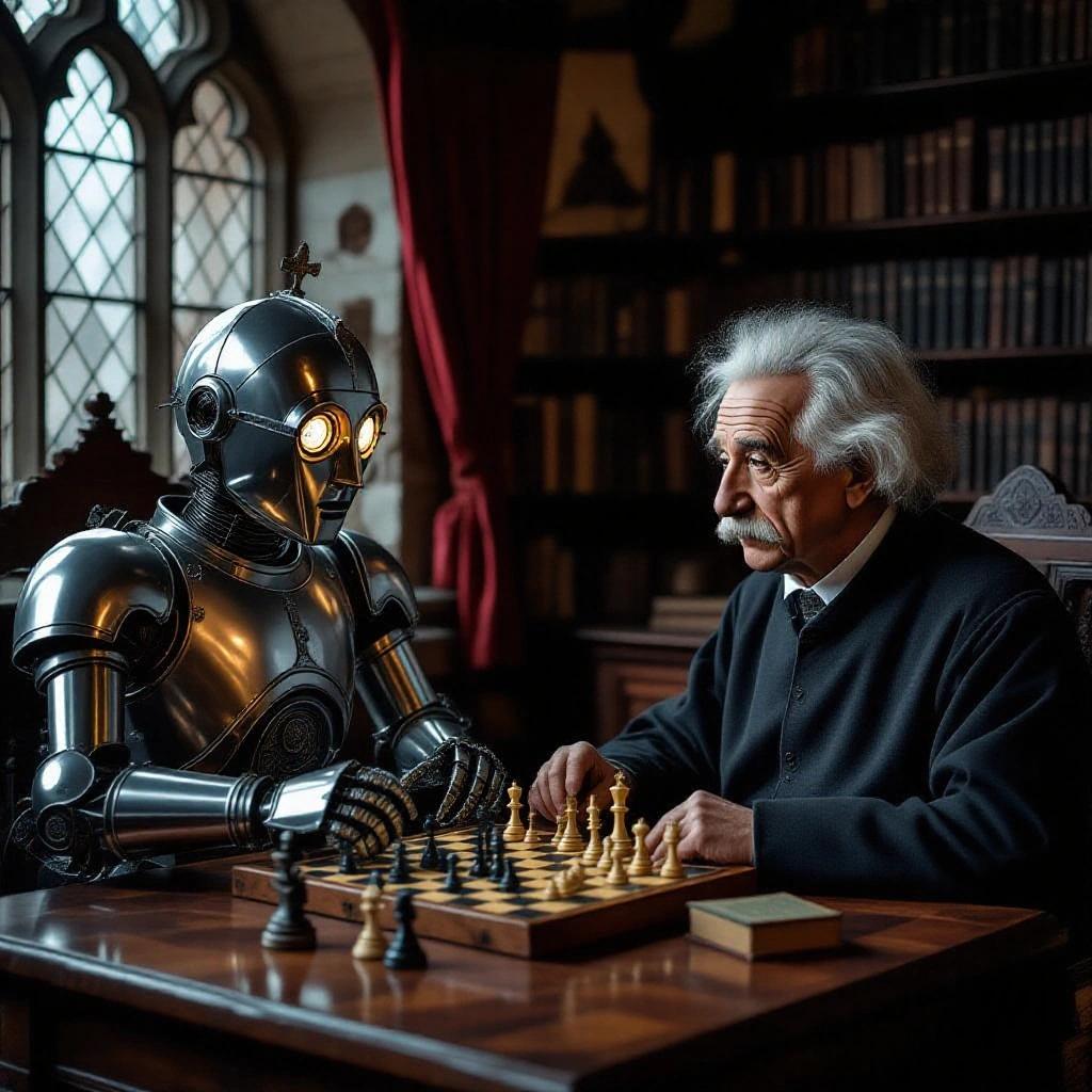 A chess game featuring a robot and a man resembling Einstein. Set in a medieval room with wooden furniture and bookshelves. The atmosphere is warm and inviting, focusing on the chessboard and their expressions.
