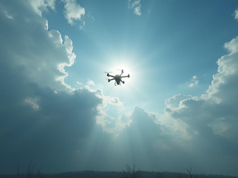Drone flying in the sky with sunlight breaking through clouds. Emphasis on nature and technology. Theme of hope and closure.