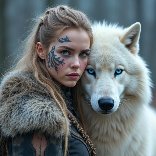 A Viking warrior with a tattooed face, gray eyes, wearing a helmet and holding a war axe. The warrior has a prominent bust and stands next to a large Siberian wolf with blue eyes, at shoulder height.