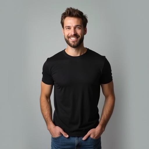 Studio portrait with a light grey seamless background and soft frontal lighting. Subject features slight closed-mouth smile and calm demeanor. Wears a plain black crew-neck t-shirt and medium-wash blue denim jeans. Subject stands in slight contrapposto with one hand on hip.