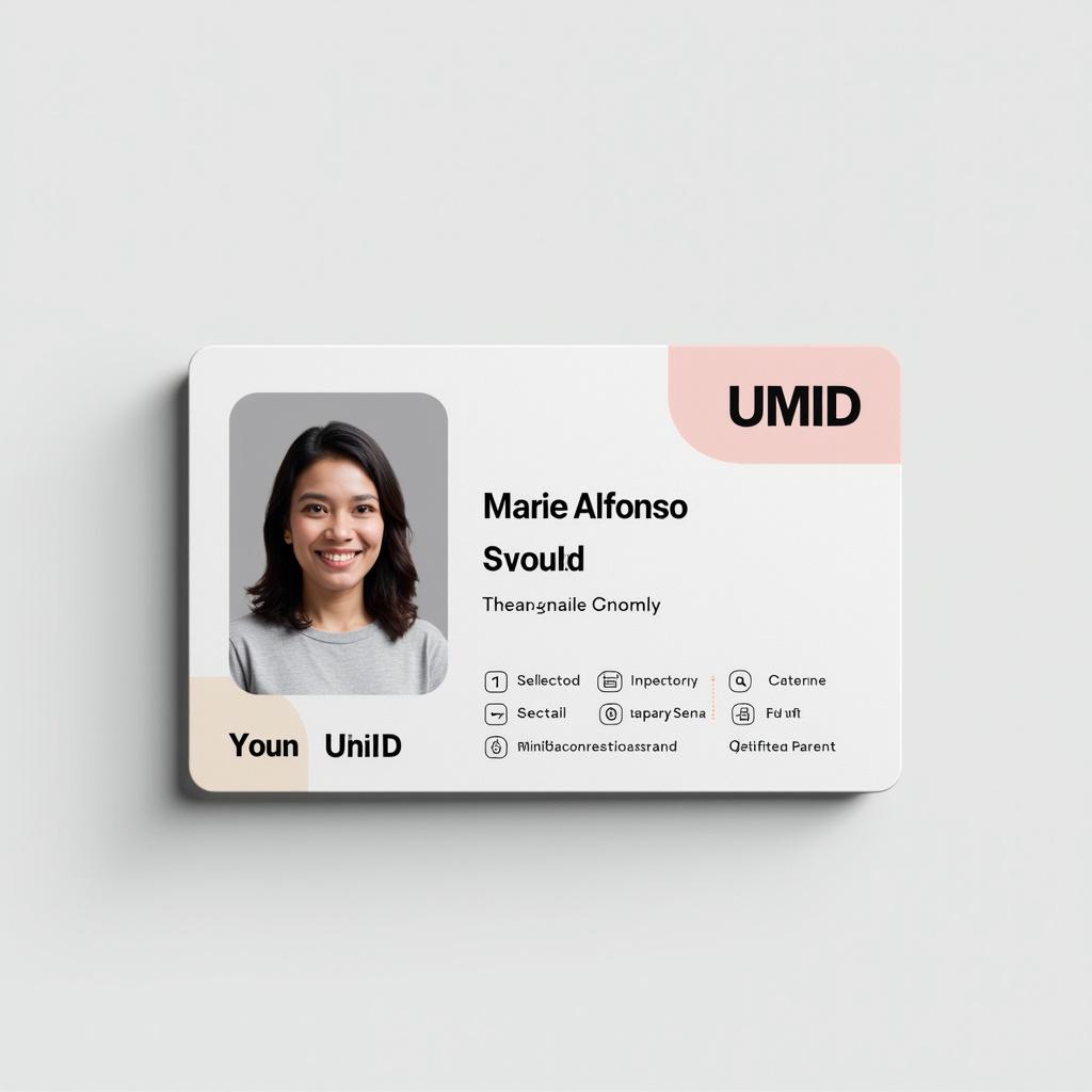 Design of a UMID ID card. Features a photo, name, and identification details.