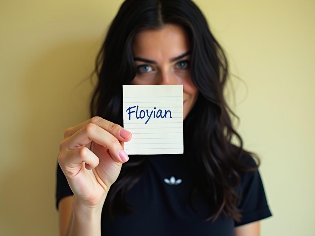 A person with long dark hair holds up a notecard with the name 'Floyian' written on it in blue ink. The focus is on the card, while the individual stands against a plain background, enhancing the simplicity of the composition. The person's face is gently smiling and slightly out of focus, highlighting the message on the card.