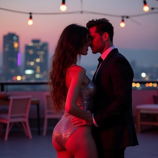 Twilight setting on a rooftop terrace with neon lights. A woman in a metallic bodysuit twirls slowly. A man in a tailored suit watches her intently. A rival dancer in black stands in the shadows. The atmosphere is charged with rivalry and desire. The city skyline glows in the background.