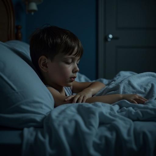 Little boy in bed trying to sleep. Dark bedroom with a night light near the door. Sound from under the bed. Something brushing against his blanket. Suggestive of a clawed hand.