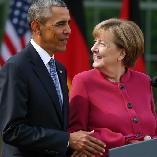 German Chancellor Angela Merkel smiles at American President Barack Obama during a press conference. They stand together, engaging with each other. Background features flags of both countries. The scene reflects a moment of cooperation and leadership.