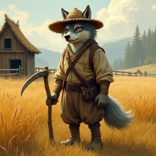 Weathered anthropomorphic wolf peasant in a rustic fantasy village. Lean middle-aged with gray fur streaked with white. Warm amber eyes and a frayed straw hat. Patched linen tunic, mud-stained trousers, scuffed boots, and wooden scythe. Sunlit barley field background with chicken coop and fence. Slightly hunched posture with a tired but kind expression. Dusty bushy tail and faint woodsmoke in the air. Dark forest visible in the distance.