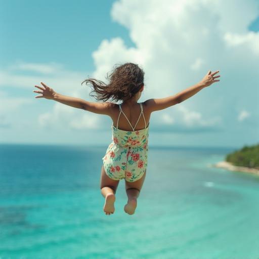 A girl about 10 years old jumps close to the Caribbean sea.
