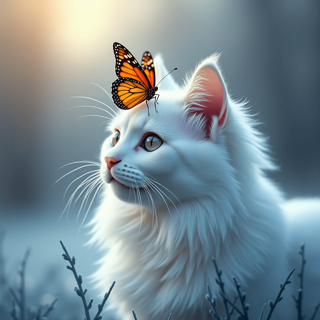 The image features a serene portrait of a fluffy white cat with striking green eyes, gracefully gazing forward. Resting gently atop the cat's head is a vibrant orange and black butterfly, creating a contrast between the vivid colors of the butterfly and the pure white of the cat's fur. The background is softly blurred, suggesting an outdoor setting with a cool, muted palette that enhances the tranquility of the scene. This moment captures the delicate balance between two distinct elements of nature, evoking a sense of peace and harmony.